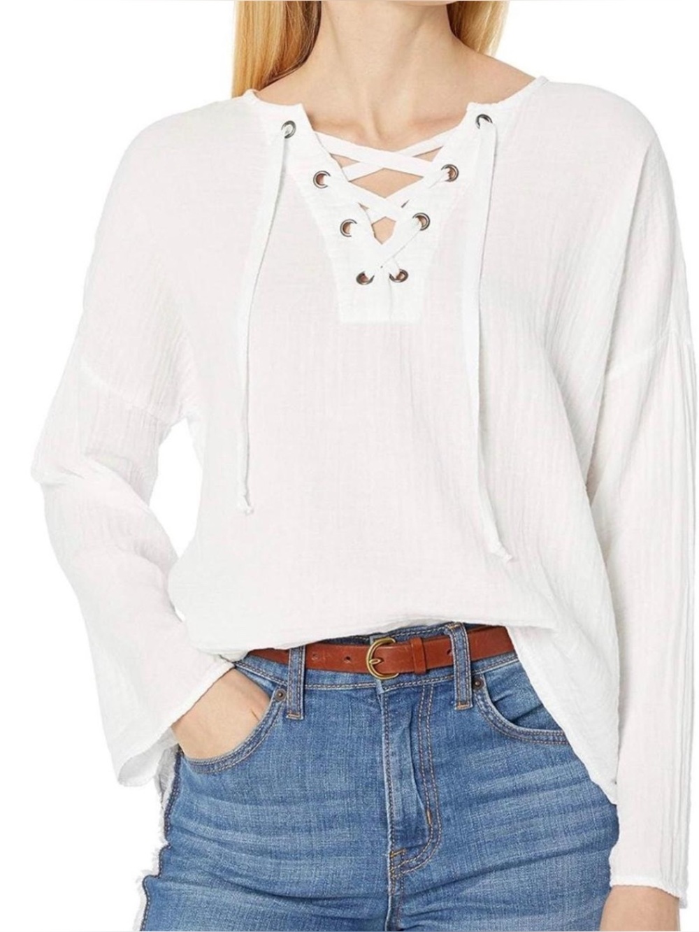 Velvet by Graham & Spencer White Textured Lace-Up Long Sleeve Blouse